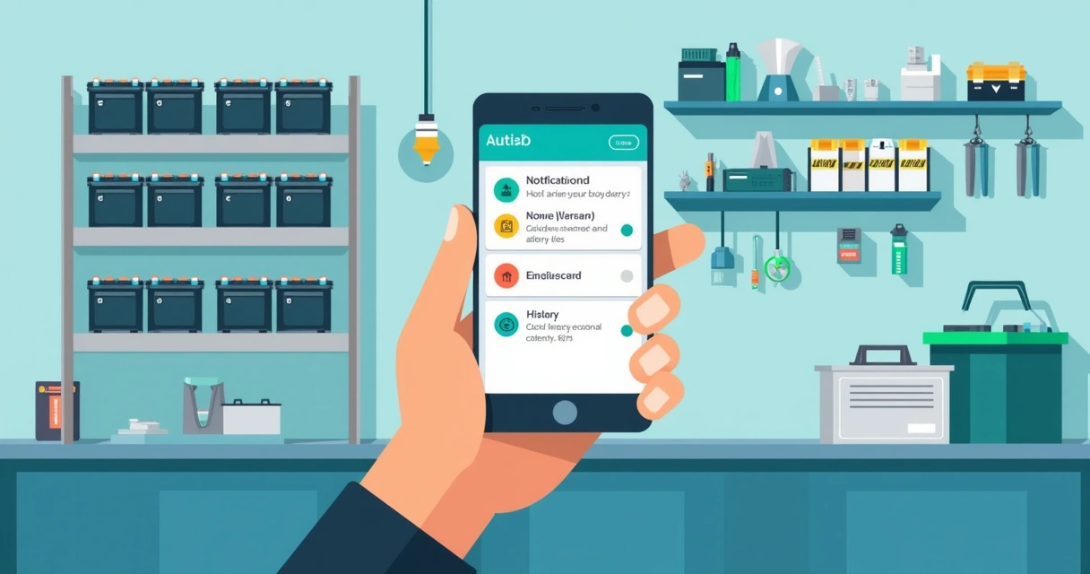 Alerta digital em sistema de gestão de baterias em tela de celular.