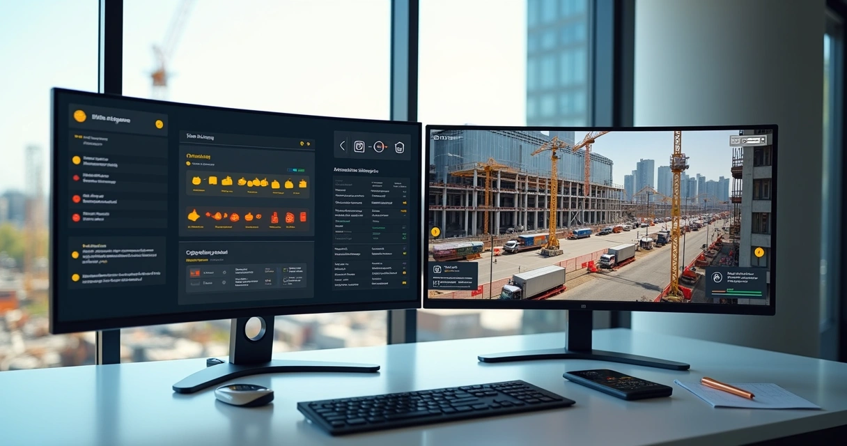 Dashboard com alertas automáticos monitorando guindaste em canteiro de obras 