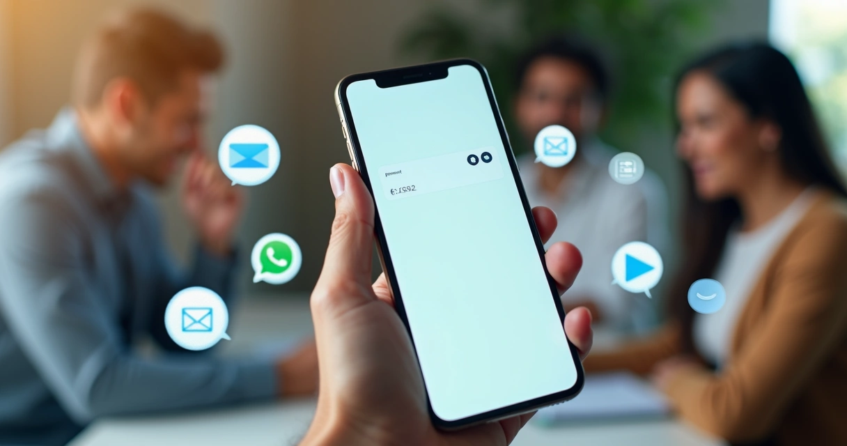 Tela de celular com alerta de cobrança automática e ícones de e-mail, SMS e WhatsApp 