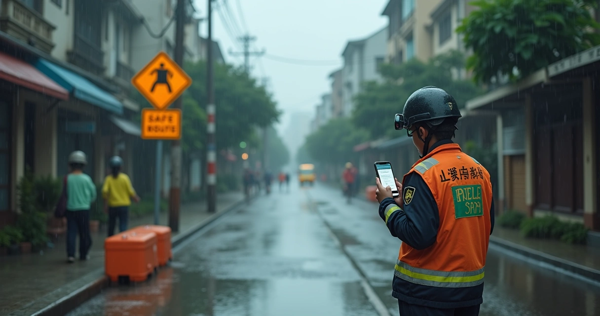 Bairro urbano sob chuva com alerta público no celular 