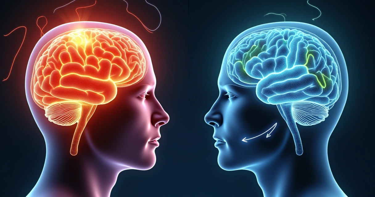 Cérebro com áreas iluminadas em vermelho e azul, indicando atividade e resfriamento cerebral 