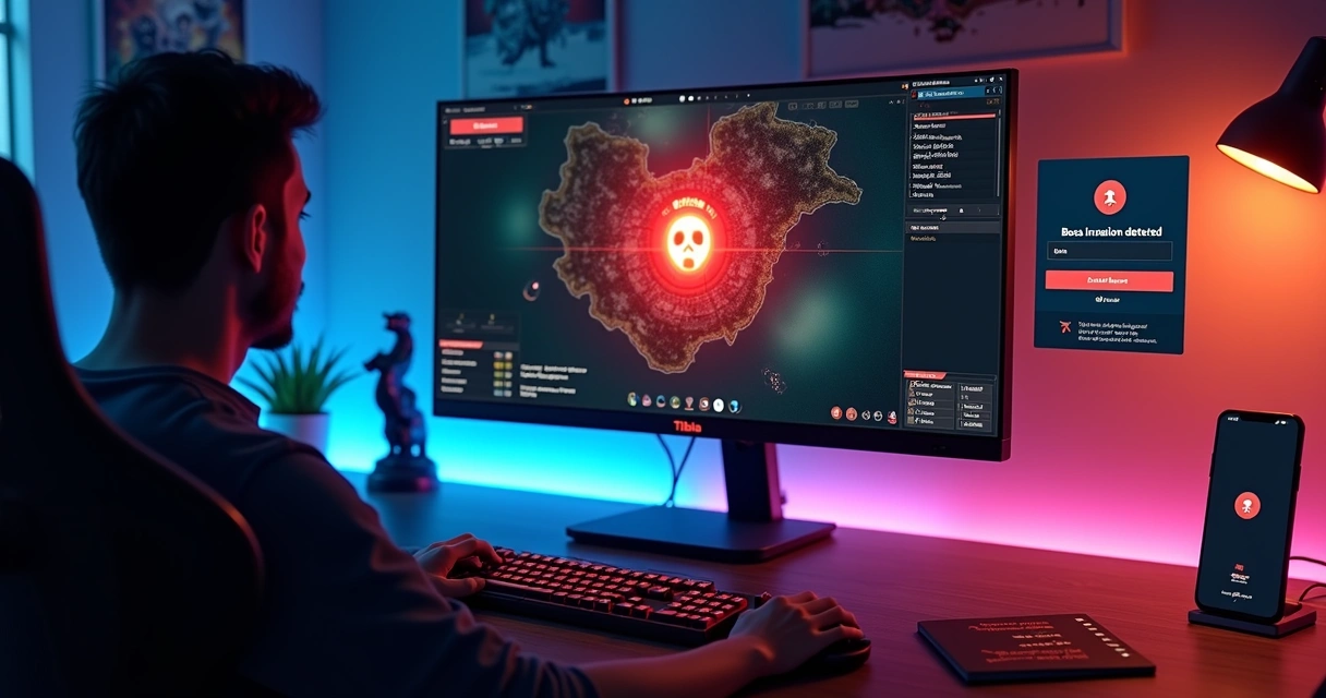 Jogador de Tibia observando mapa com alerta de invasão de boss no monitor 