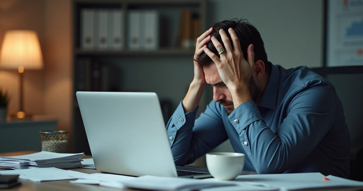Pessoa sentada em frente ao computador segurando a cabeça com as mãos, com papéis espalhados em uma mesa de escritório. 