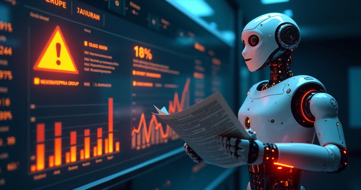 Painel digital mostrando alerta de churn e prevenção para grupos de lojas, com gráficos e ícones de IA 