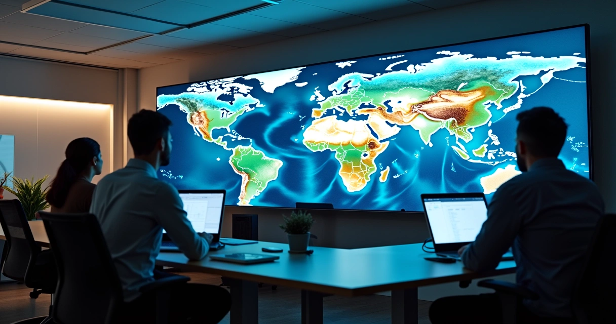 Painel digital com alerta de tempestade e mapas climáticos em agência 