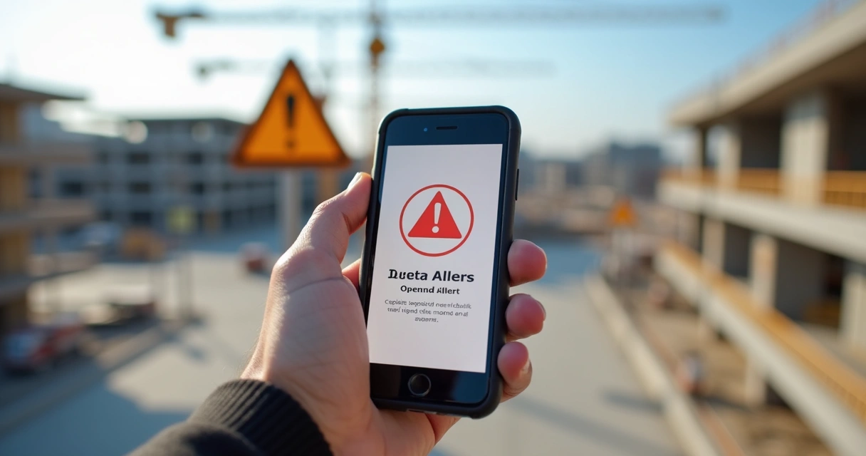 Tela de smartphone com alerta de segurança em obra