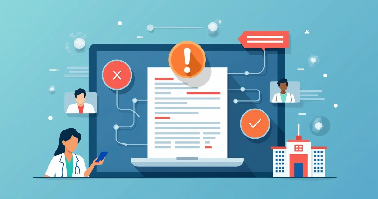 Ilustração de alerta automático de inconsistência em sistema médico digital 