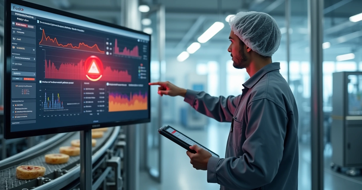 Técnico monitorando alerta crítico em tela de controle de produção industrial 