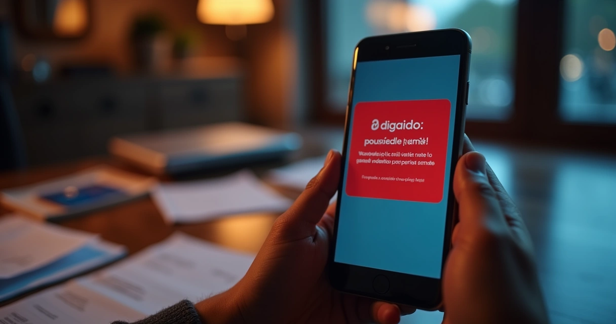 Alerta digital mostrando mensagem suspeita de golpe 