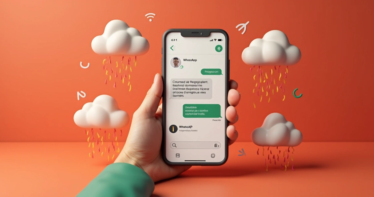 Ilustração de alerta de desastre sendo disparado via WhatsApp em tela de smartphone