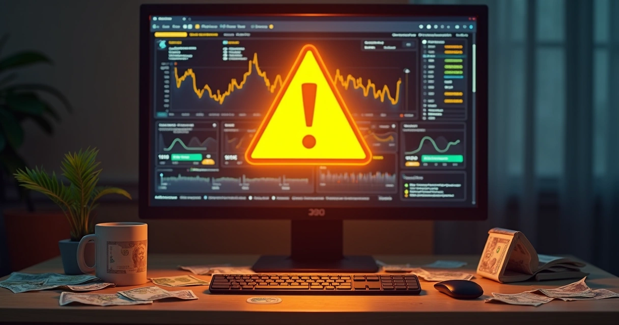 Símbolo de alerta com notas rasgadas ao redor de um monitor 