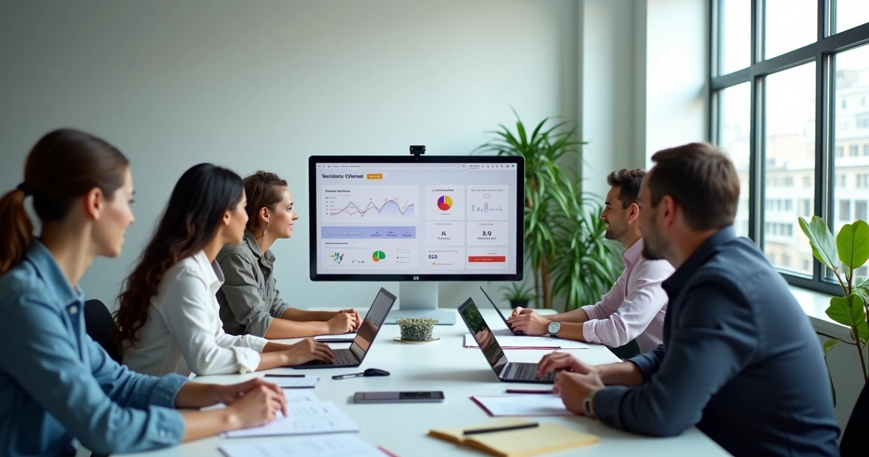 Equipe em mesa recebendo alerta do dashboard no monitor 