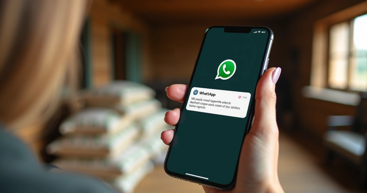 Tela de WhatsApp mostrando alerta de estoque baixo de ração para haras 