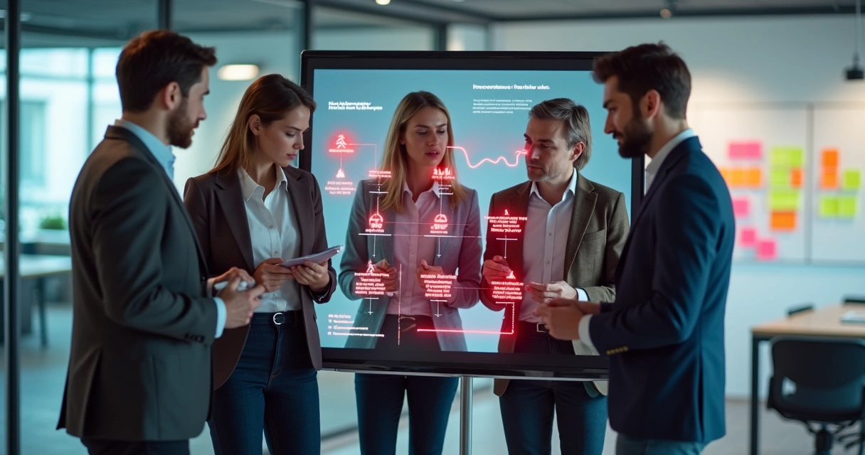 Equipe analisando alerta de feedback negativo em tela digital 