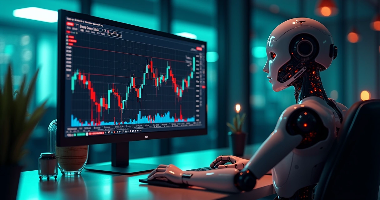 Tela de computador mostrando gráficos financeiros com um bot digital atrás, destacando alertas de fraude em trading 