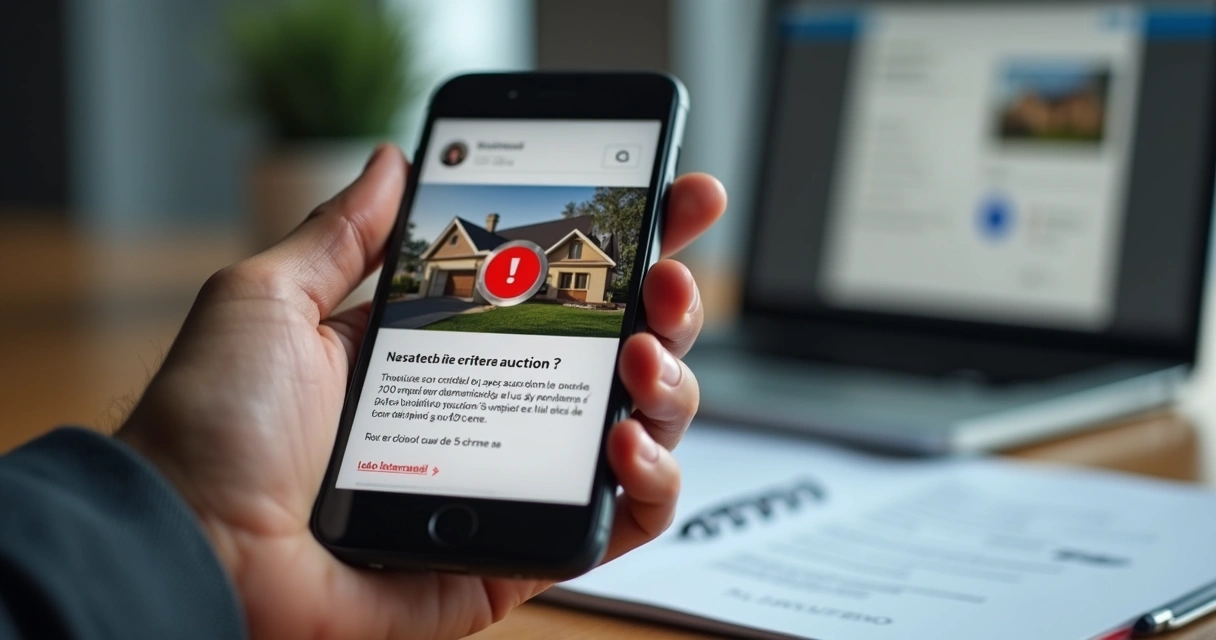 Tela de celular com alerta de fraude em anúncio imobiliário 