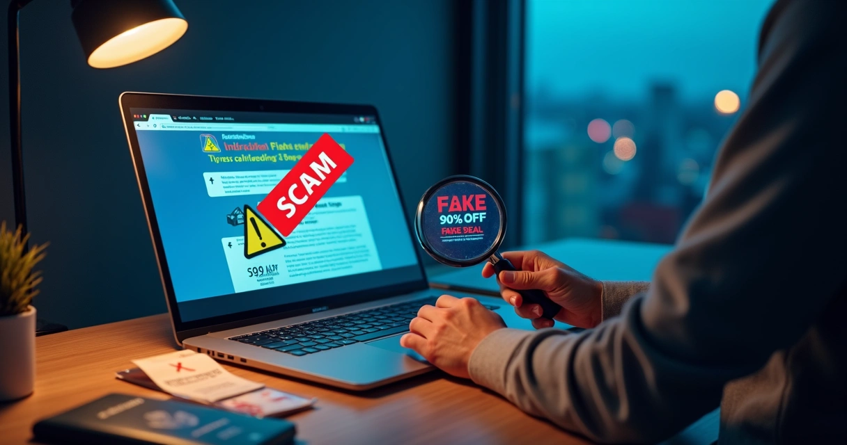 Pessoa analisando oferta suspeita de passagem aérea no notebook com alerta de fraude na tela 