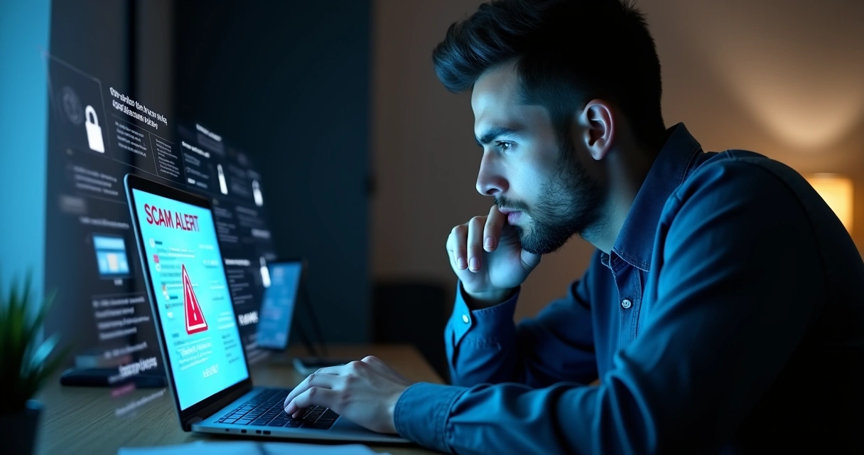 Homem preocupado olha para tela de notebook com alerta de golpe em site de acompanhantes 