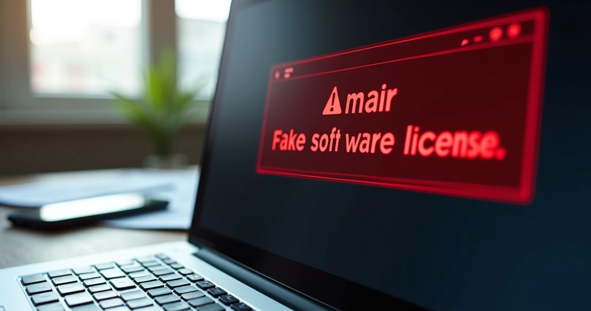 Alerta de licença falsa em tela de notebook 