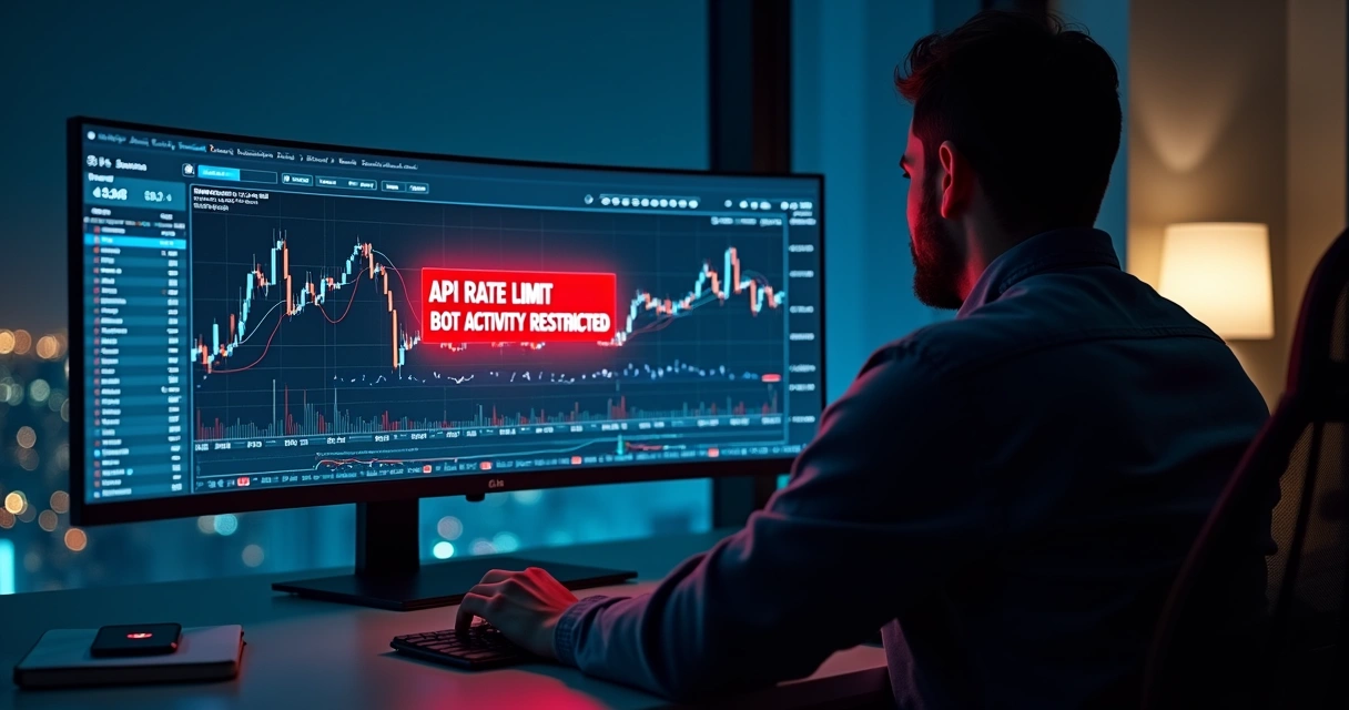 Trader observa painel com aviso de limite de exchange para robôs de trade 