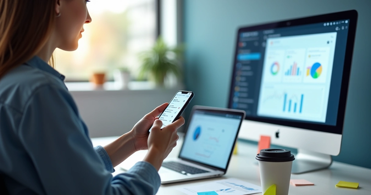 Profissional recebendo alerta de monitoramento de marca no celular enquanto trabalha no notebook