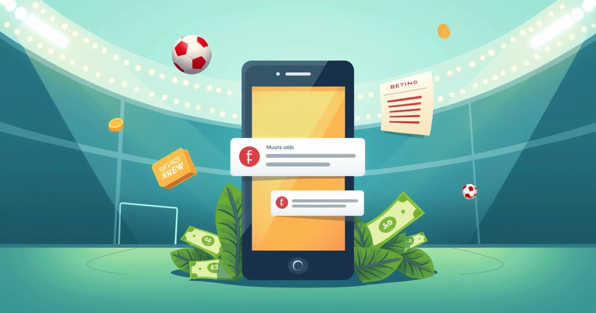Ilustração de um smartphone mostrando notificações de odds, com gráficos e ícones de apostas. 