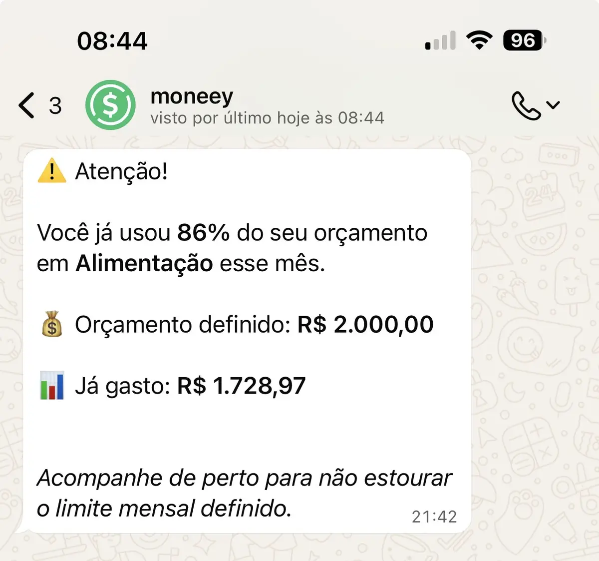 Alerta de orçamento do moneey mostrando 86% gasto em alimentação no mês