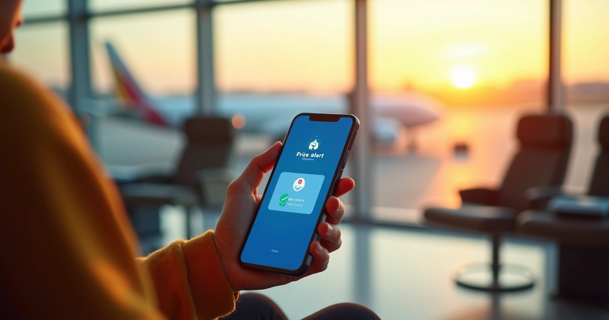 Pessoa segurando smartphone com alerta de preço de passagem aérea na tela 