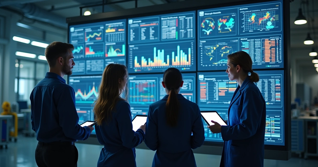 Painel digital de alertas e equipe analisando dados industriais