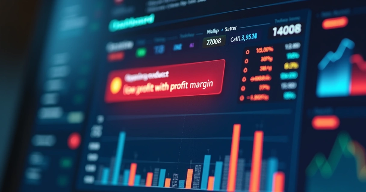 Painel de plataforma exibindo alerta de produto com baixa margem 
