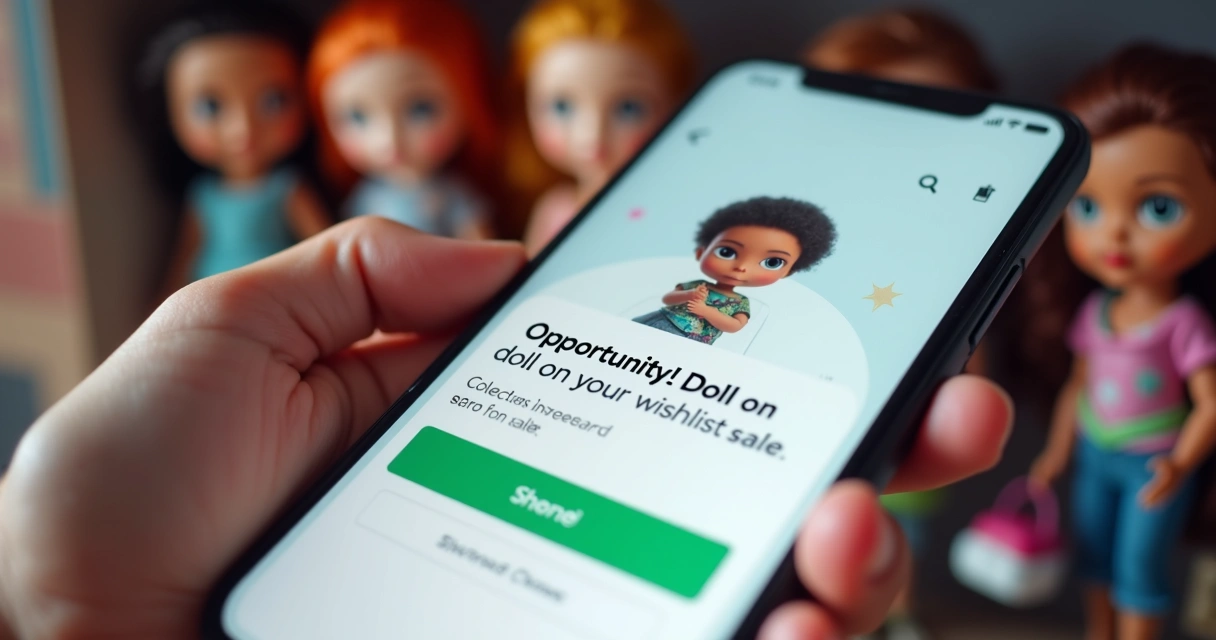 Celular mostrando alerta de promoção de boneca