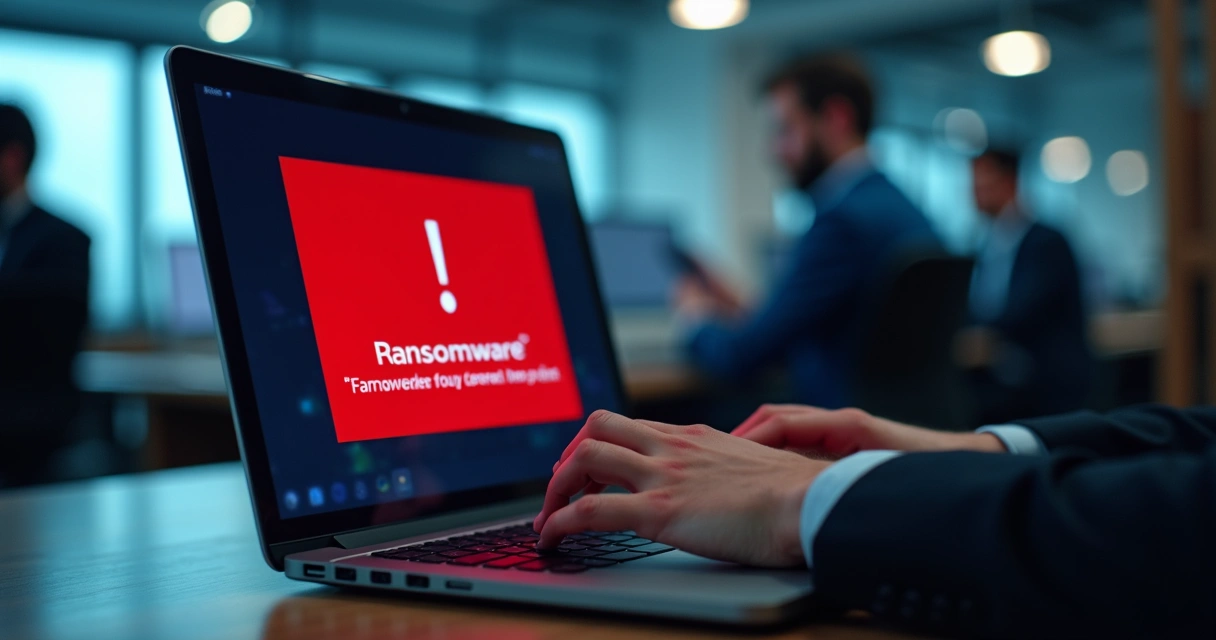 Alerta de ransomware em tela de notebook empresarial 