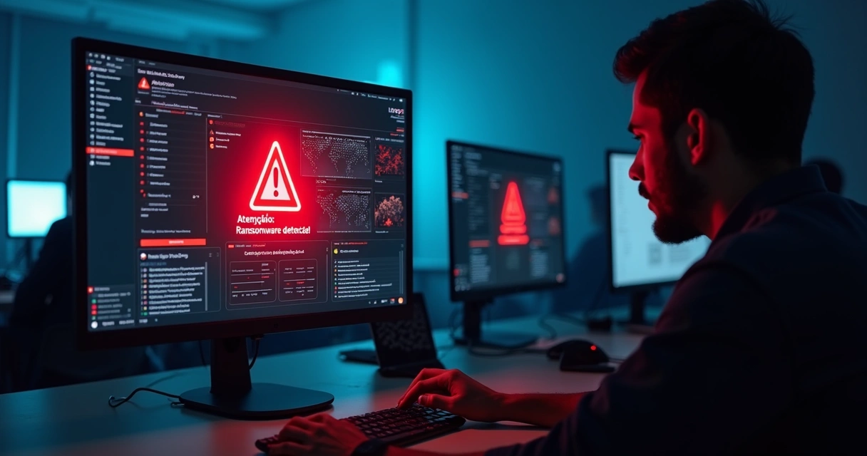 Tela de computador exibindo alerta de ransomware com gráficos de monitoramento 