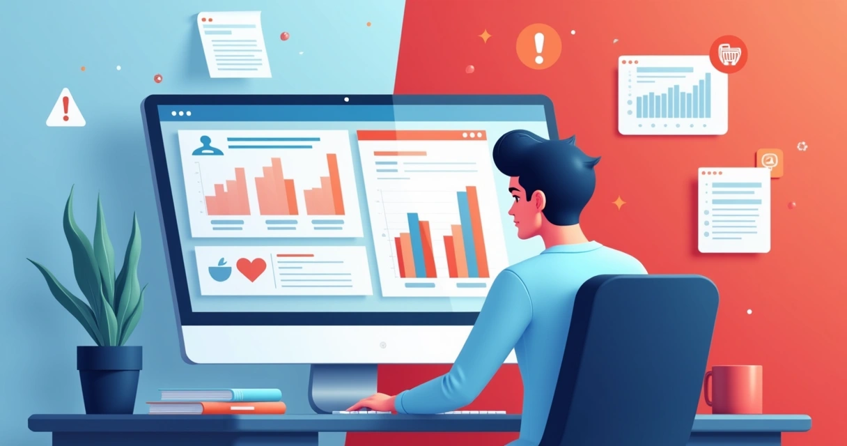 Influenciador olhando para alertas em tela de computador 