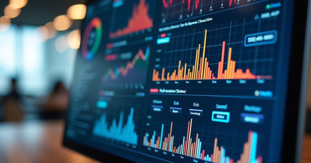 Painel de controle de alertas de risco com gráficos digitais coloridos, notificações em tempo real e ícones de API 