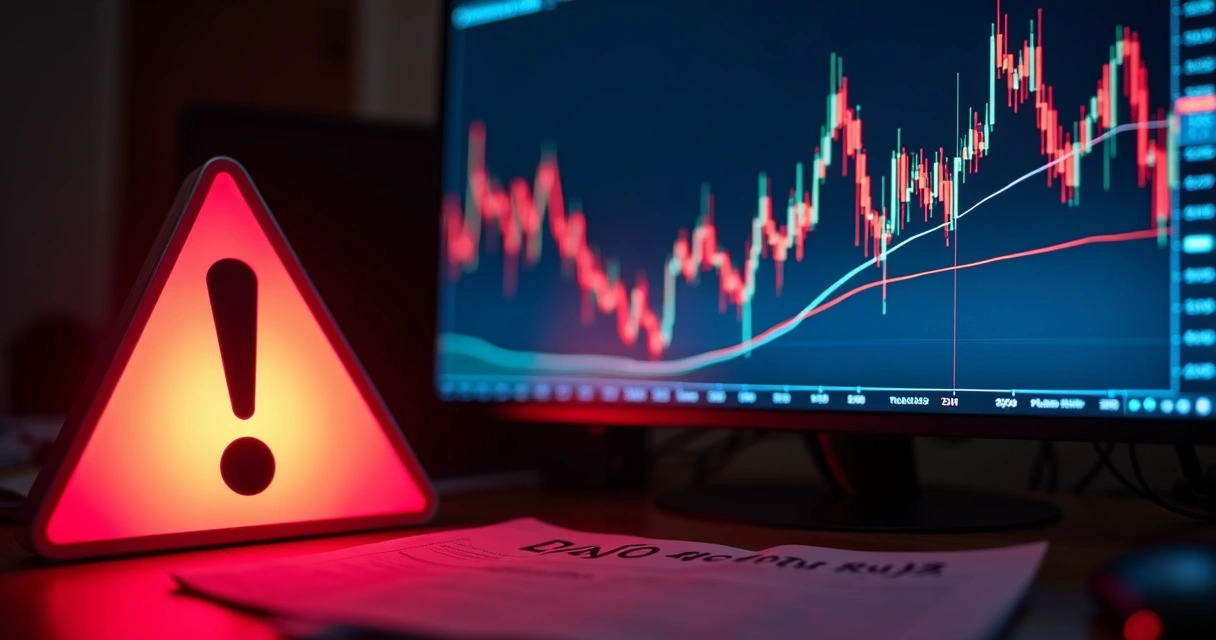 Sinal de alerta vermelho ao lado de gráfico de cripto volátil 