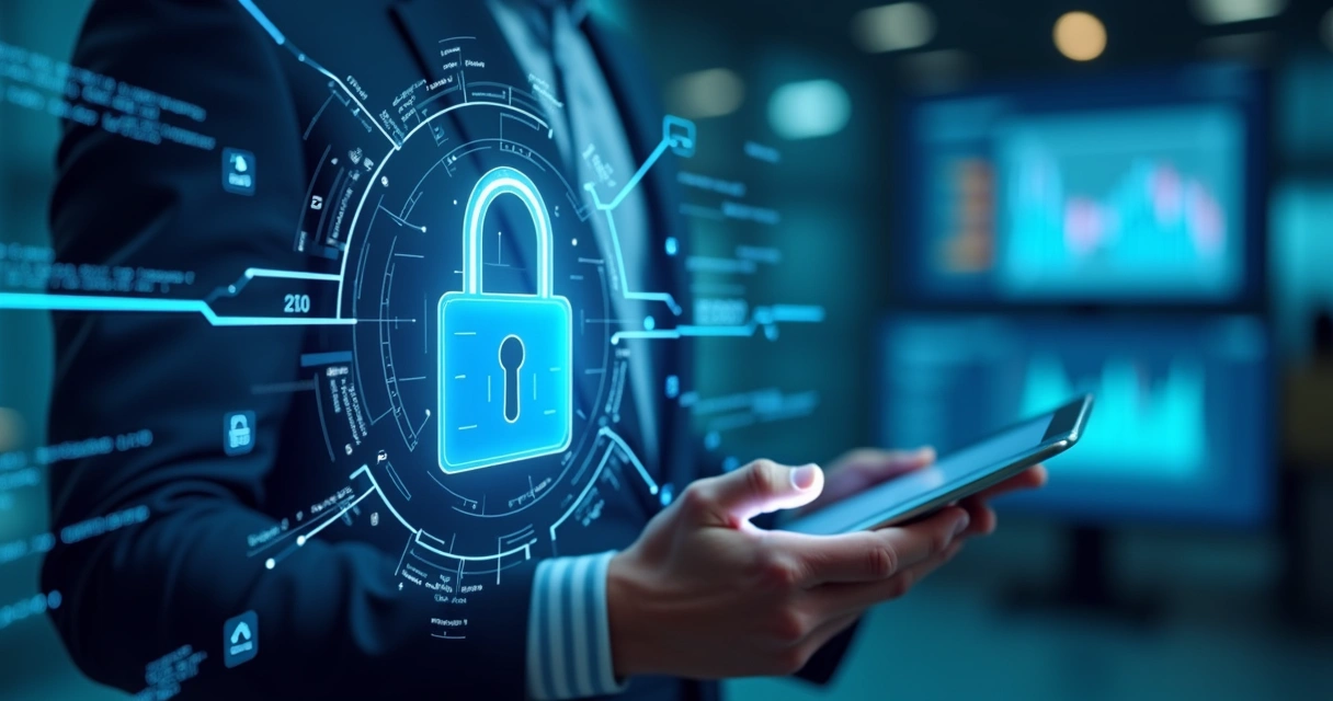 Alerta de segurança digital ao integrar IA ao CRM, representado por cadeado digital e fluxos de dados protegidos. 