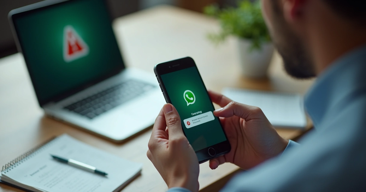 Cliente conferindo mensagem suspeita no celular durante atendimento