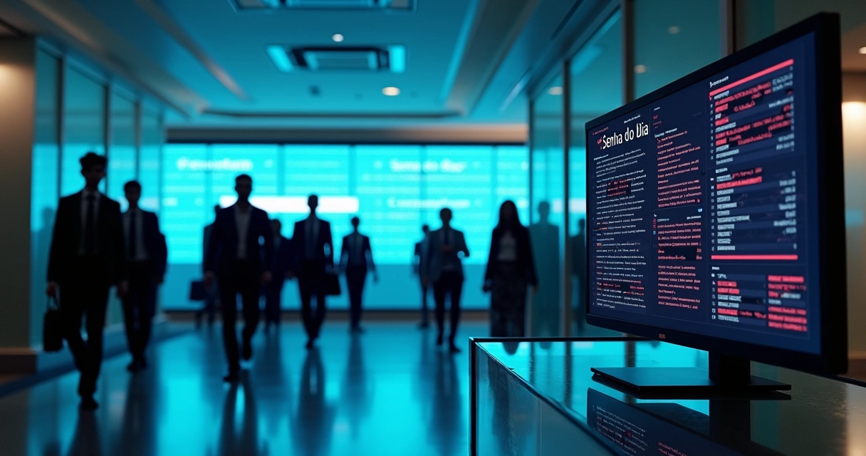 Senha temporária destacada em painel digital de escritório corporativo 