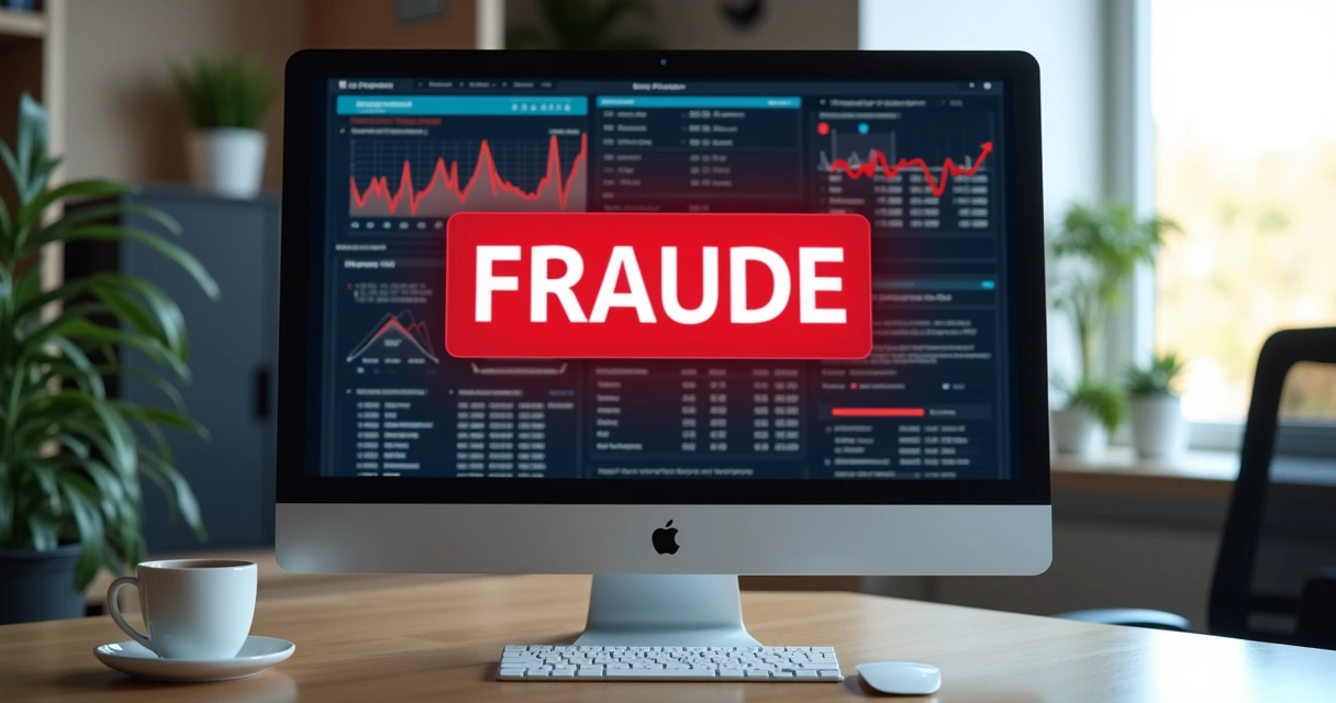 Alerta de fraude em tela de computador de escritório 