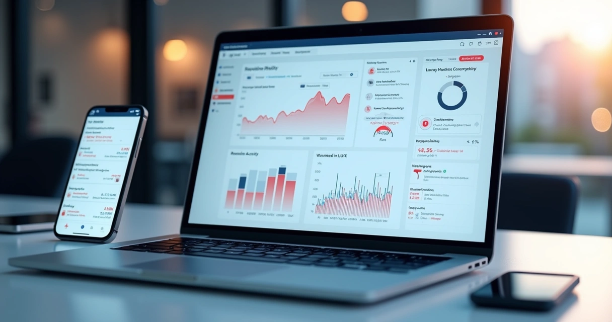 Computador com dashboard de controle financeiro mostrando sinais de alerta de transações suspeitas 