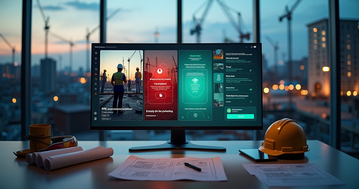 Dashboard com alerta visual de EPI em canteiro de obras urbano 