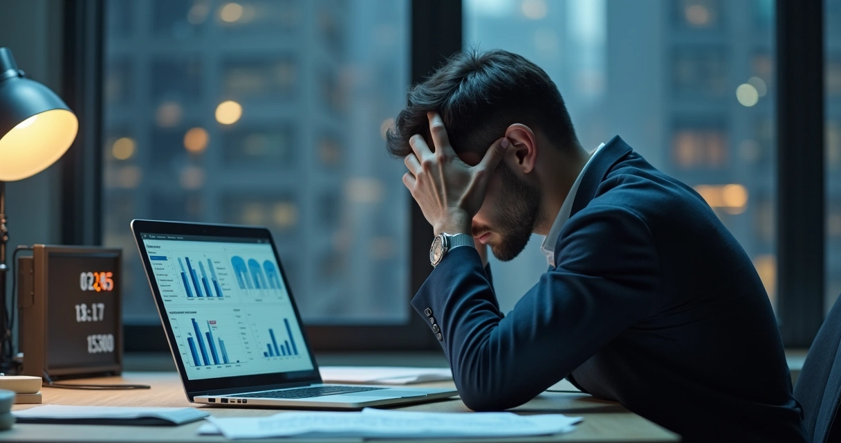 Colaborador sentado à mesa do escritório, com expressão de cansaço, olhando para tela de notebook com relatórios 