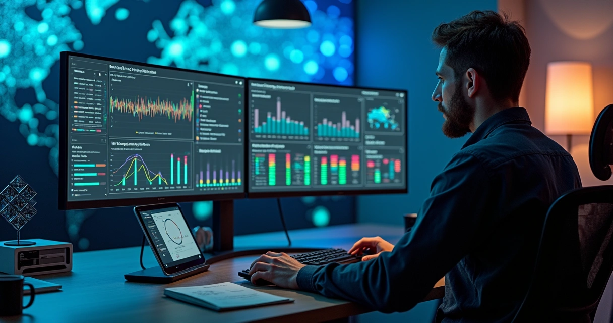 Engenheiro de nuvem configurando alertas em painel com gráficos na tela 