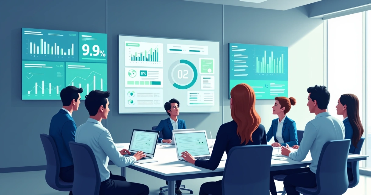 Equipe de compliance analisando dados em telas grandes com gráficos e alertas 