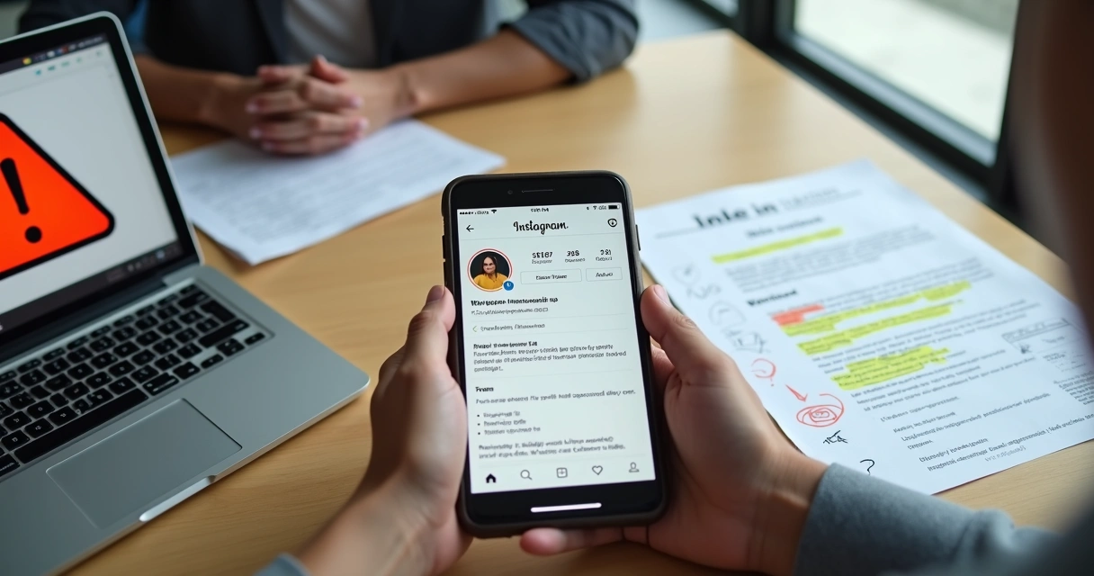 Comprador confuso diante de contrato de conta de Instagram cheio de alertas de risco 
