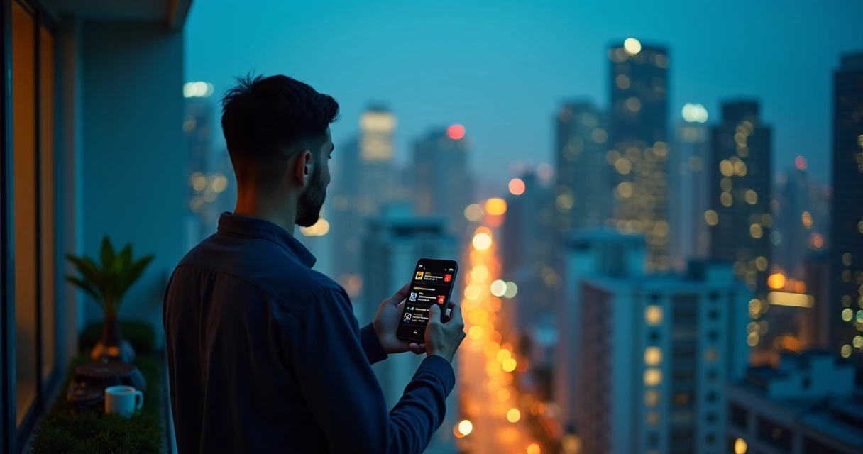 Pessoa observa alertas financeiros de movimentação suspeita no celular à noite 
