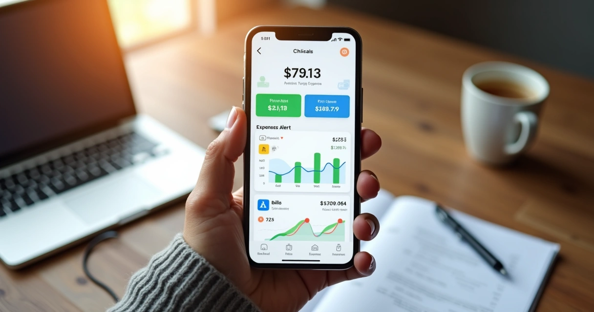 Tela de celular mostrando alertas financeiros personalizados com gráficos de gastos e notificações 