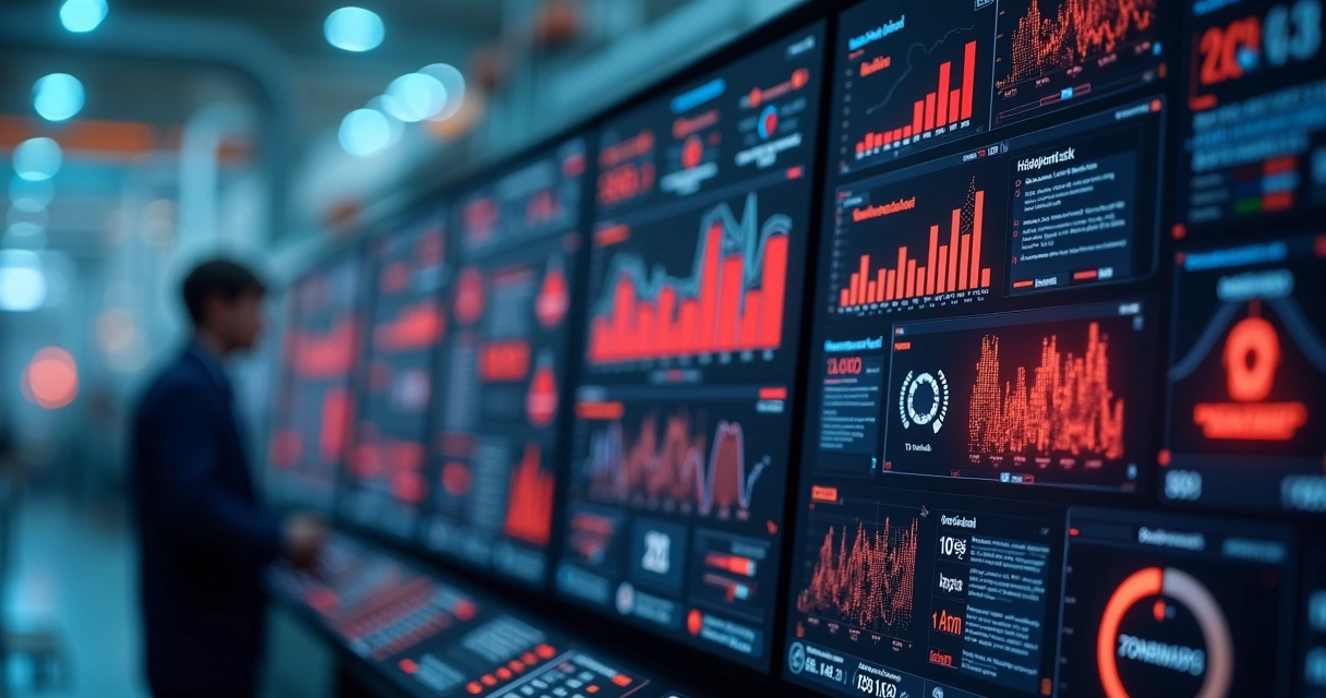 Ilustração de alerta de IA em painel digital mostrando dados de produção 