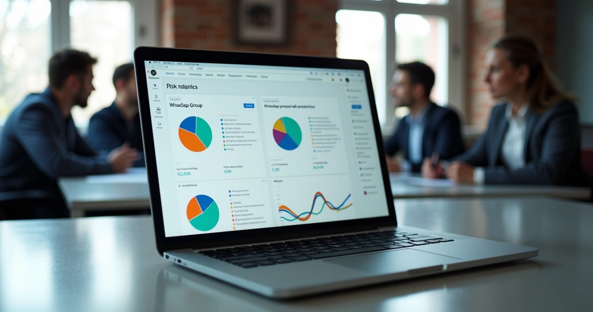Tela de computador com painel de alertas inteligentes de grupo, gráficos coloridos e ícones de IA conversacional 